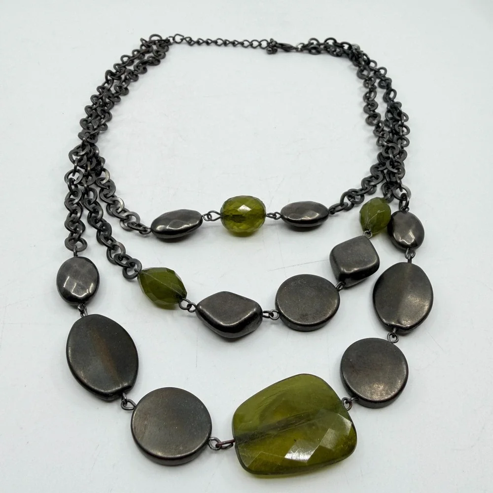 Green Faceted Bead Silver Tone Multi Strand Chunky Statement Bib Necklace Boho